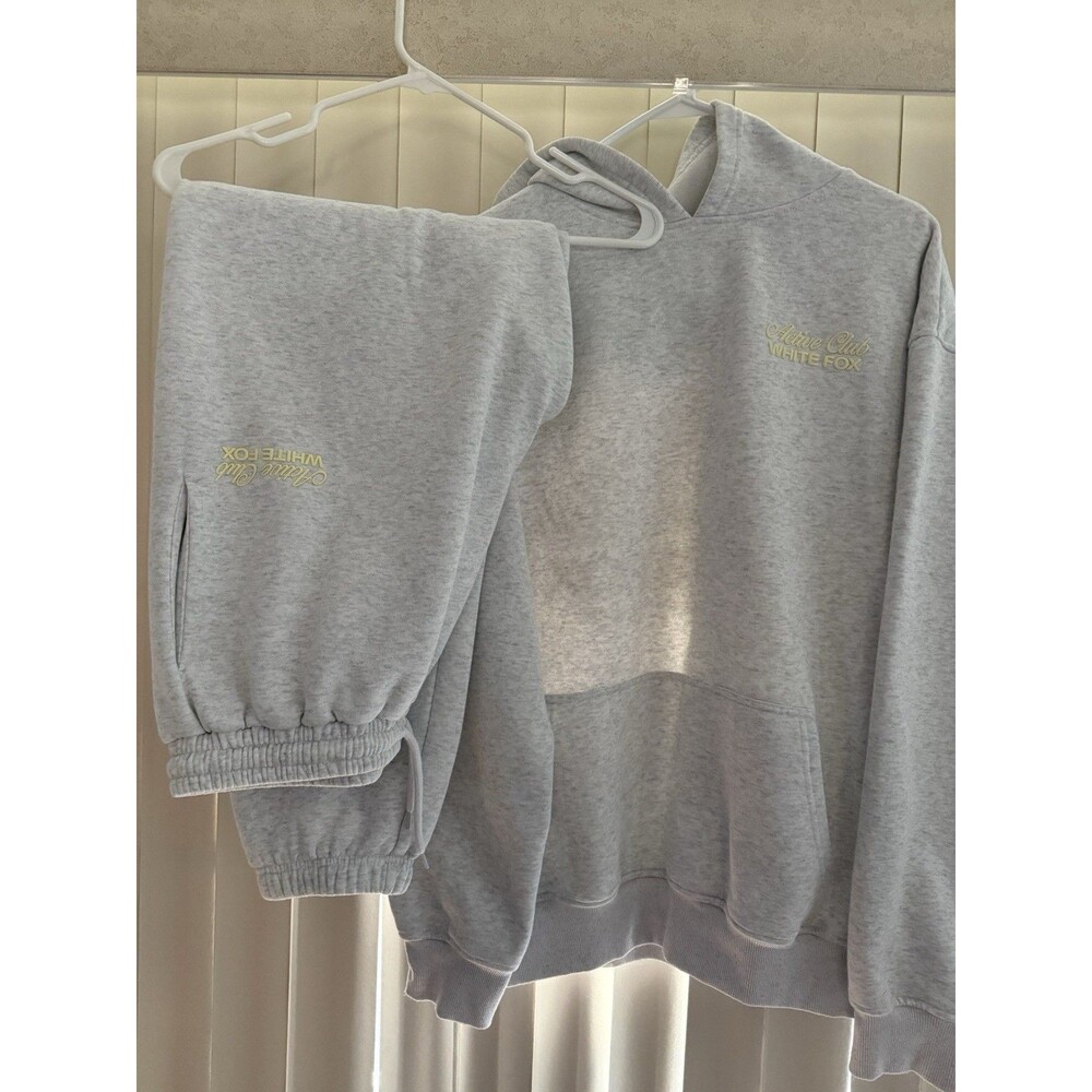 White Fox 2pc Hoodie & Sweatpants Set Sz Lg Gray & Yellow Graphic Logo Oversized